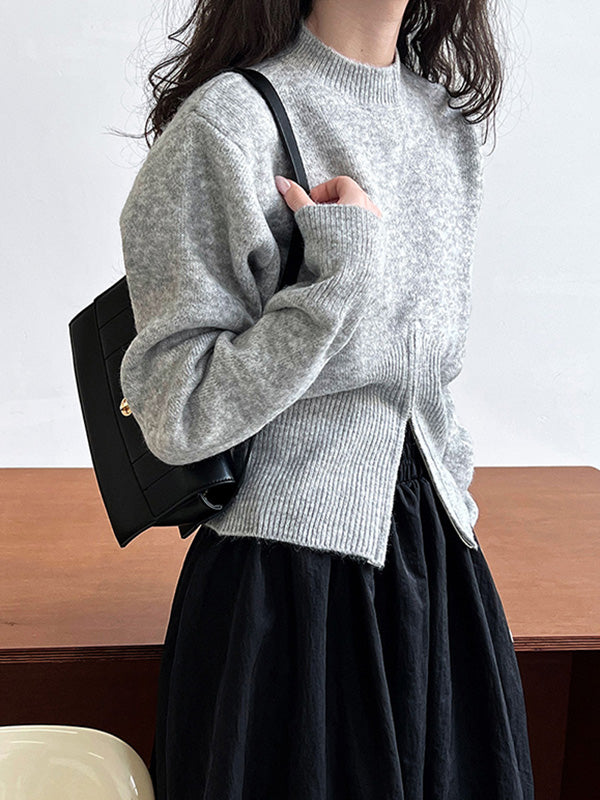 flowersverse Solid Color Zipper Long Sleeves Loose Mock Neck Sweater Tops Pullovers