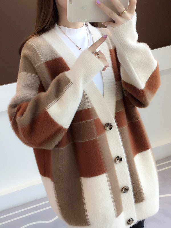 flowersverse Casual Long Sleeves Loose Buttoned Contrast Color Plaid Deep V-Neck Sweater Tops Cardigan Coats