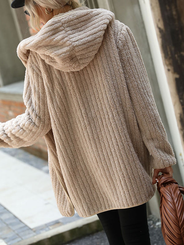 flowersverse Simple Long Sleeves Loose Solid Color Zipper Plush Hooded Outerwear