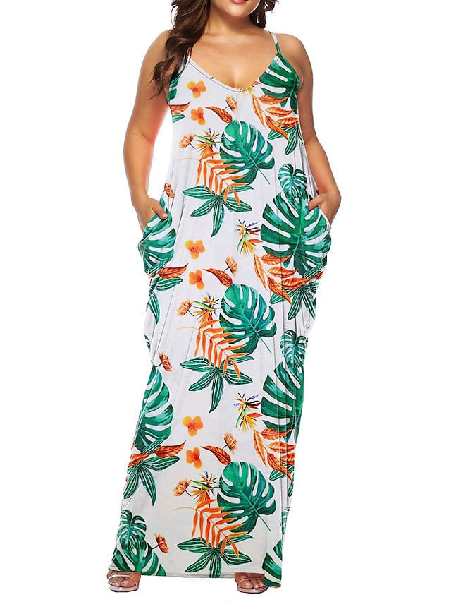 flowersverse Women's Plus Size Casual Dress Shift Dress Slip Dress Leaf Tie Dye Long Dress Maxi Dress Sleeveless Pocket Print Strap Fashion Daily Light Yellow White Spring Summer XL XXL 3XL