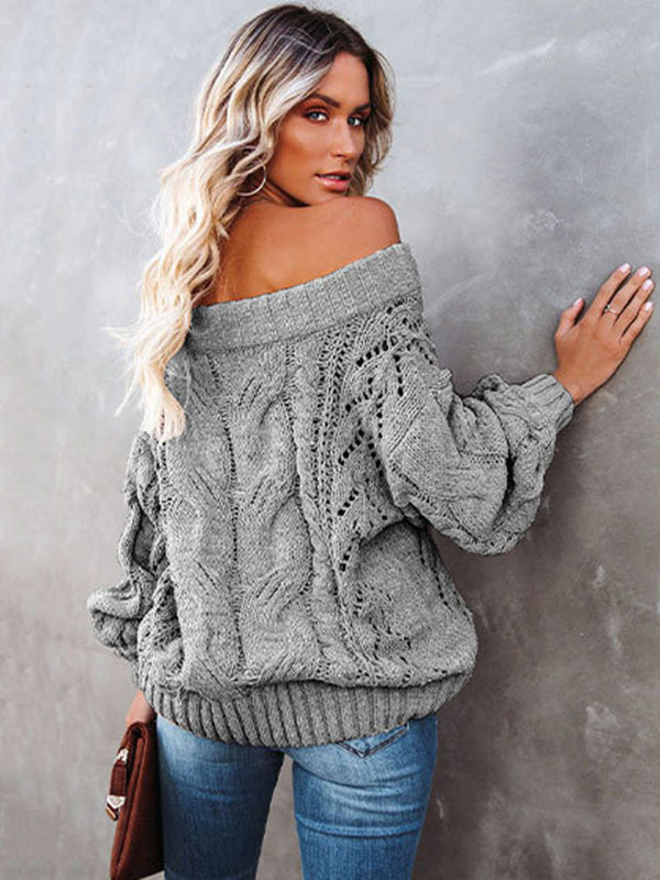 flowersverse Vintage Long Sleeves Loose Solid Color Off-The-Shoulder Sweater Tops