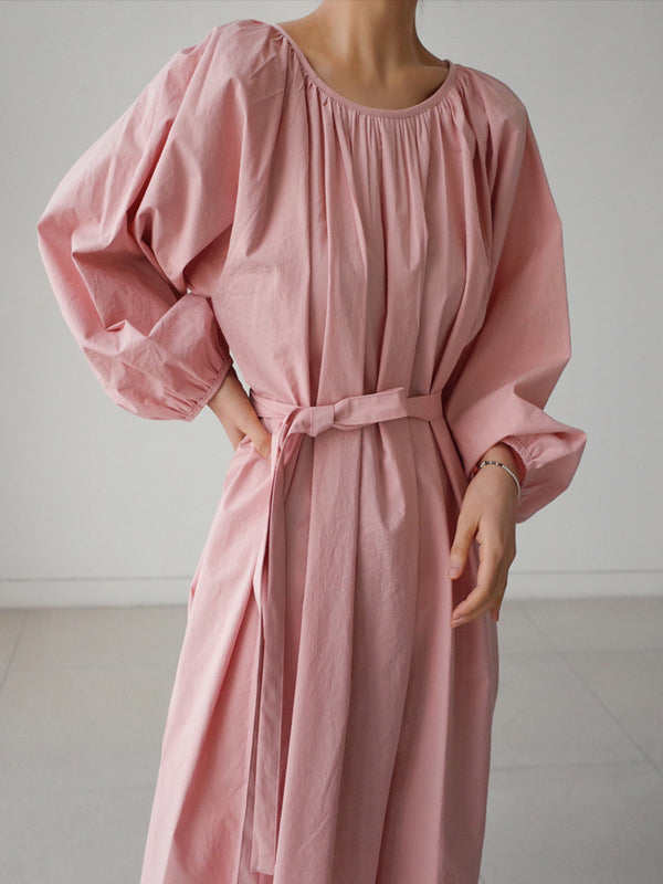 flowersverse Original Casual Loose Solid Color Pleated Puff Sleeves Midi Dress