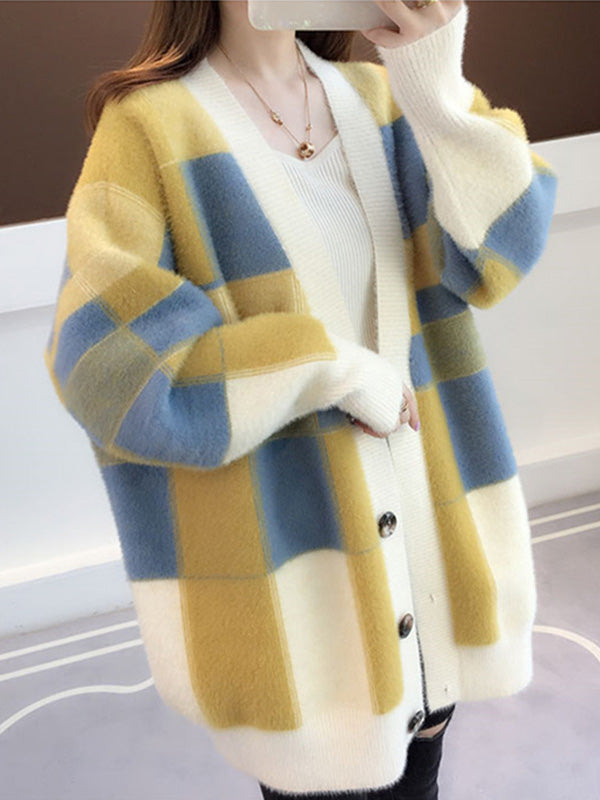 flowersverse Casual Long Sleeves Loose Buttoned Contrast Color Plaid Deep V-Neck Sweater Tops Cardigan Coats