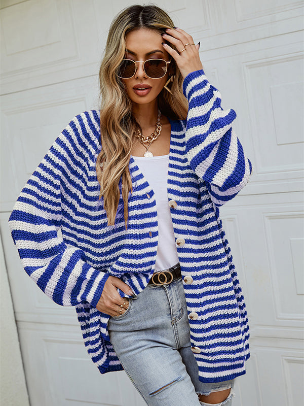 flowersverse Casual Loose Long Sleeves Striped V-Neck Cardigan Tops