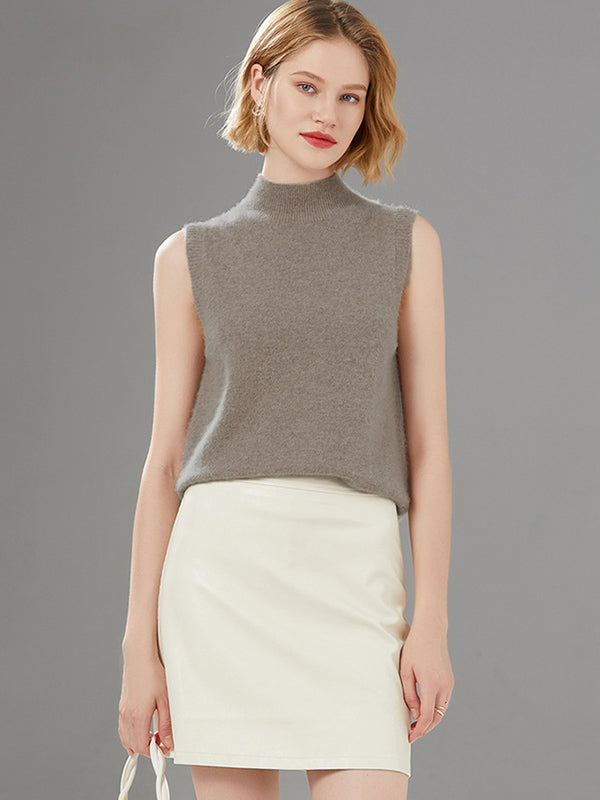 flowersverse Stylish Wool Sleeveless Solid Color Half Turtleneck Vest Top