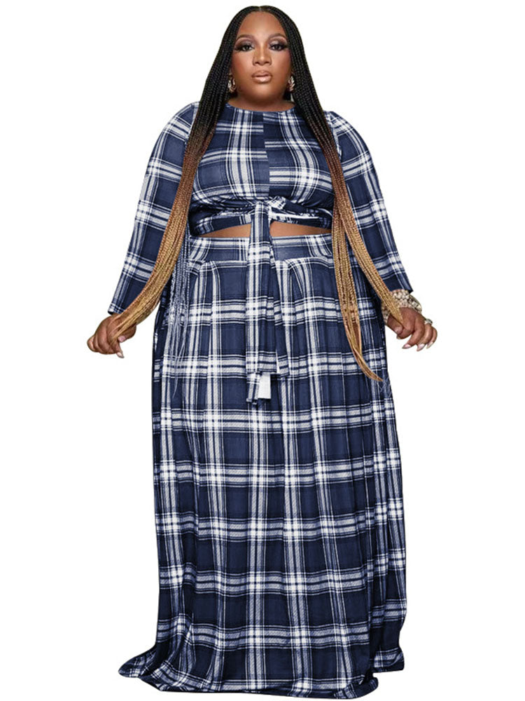 flowersverse Two Piece Plaid Crop Top Maxi Skirt Plus Size Set