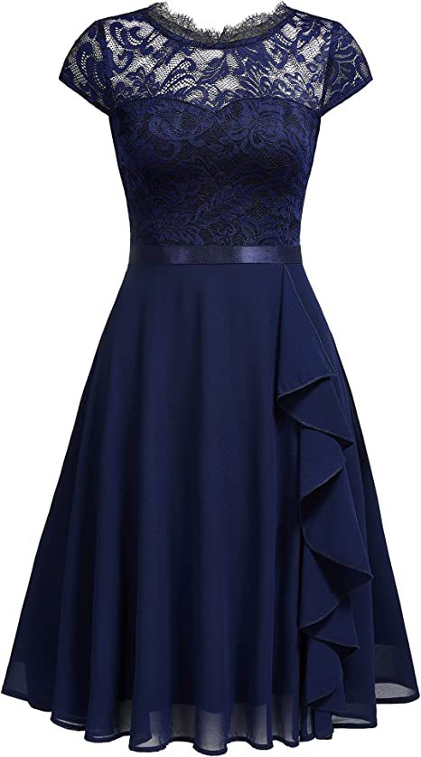 flowersverse Summer Half-High Collar Short-Sleeved Lace Mid-Length Chiffon Patchwork Elastic Belt Dress