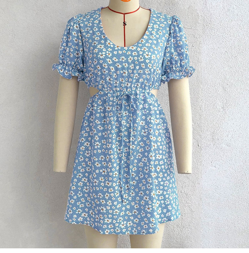 flowersverse Women Spring Summer Puff Sleeve Show Waist Print Dress Ladies Sexy Floral Short Sundress