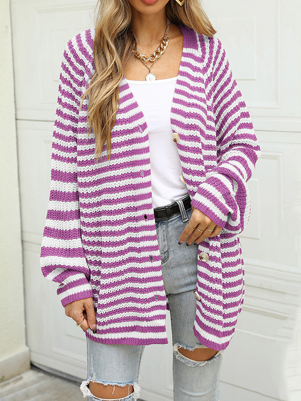 flowersverse Casual Loose Long Sleeves Striped V-Neck Cardigan Tops
