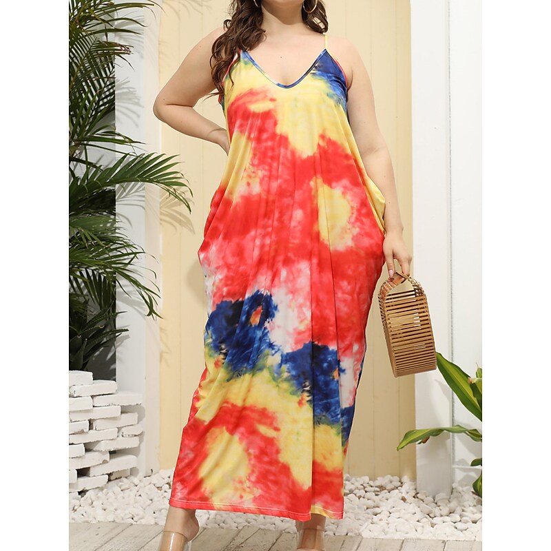 flowersverse Women's Plus Size Casual Dress Shift Dress Slip Dress Leaf Tie Dye Long Dress Maxi Dress Sleeveless Pocket Print Strap Fashion Daily Light Yellow White Spring Summer XL XXL 3XL