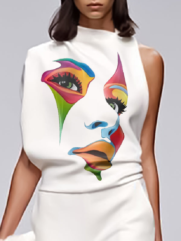 flowersverse Asymmetric Figure Printed Mock Neck Blouses&Shirts Tops