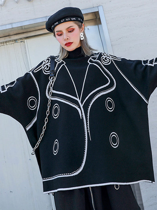 flowersverse Casual Loose Long Sleeves Contrast Color Jacquard High-Neck Sweater Tops