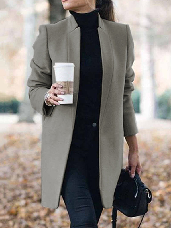 flowersverse Long Sleeves Solid Color Split-Joint Stand Collar Outerwear Woolen Coat