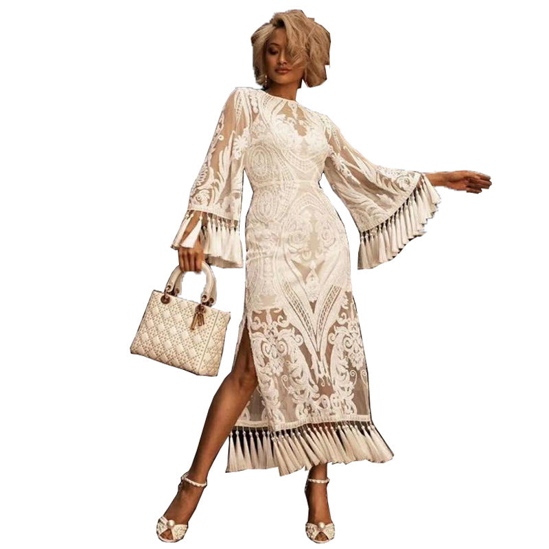 flowersverse Women's Banquet Basic Model Party Evening Dress Lace Embroidery Tassel Two-piece Set