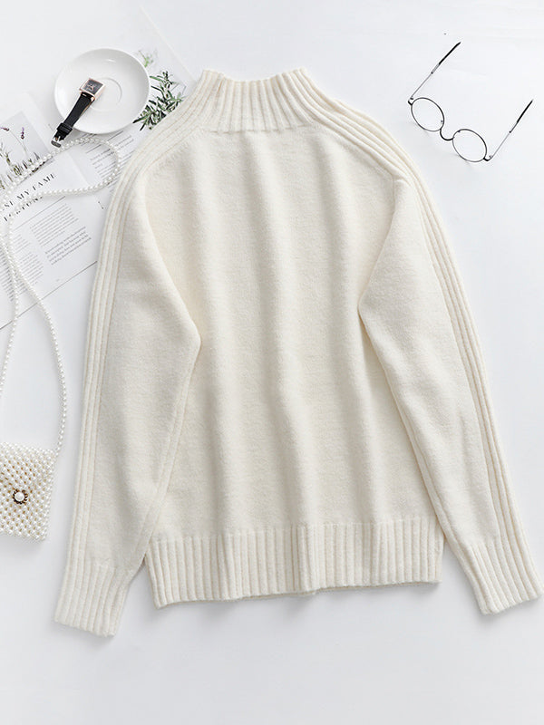 flowersverse Stylish Long Sleeves Loose Solid Color High-Neck Sweater Tops