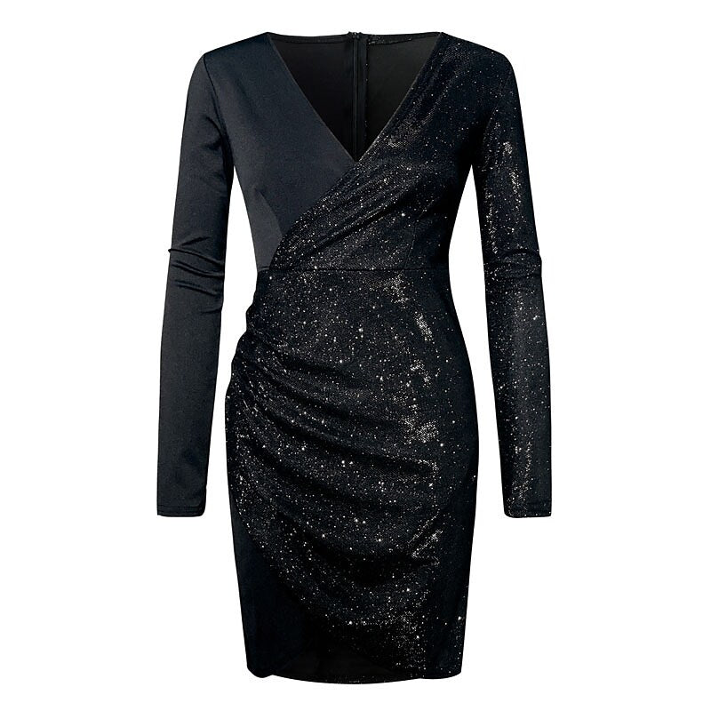 flowersverse Women's Cocktail Party Dress Sequin Dress Bodycon Mini Dress Black Wine Navy Blue Long Sleeve Pure Color Sequins Winter Fall Autumn V Neck Winter Dress Fall Dress Slim S M L XL 2XL