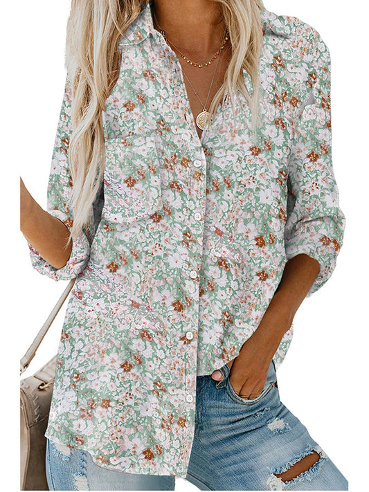 flowersverse Buttoned Flower Print Pockets High-Low Long Sleeves Lapel Blouses&Shirts Tops