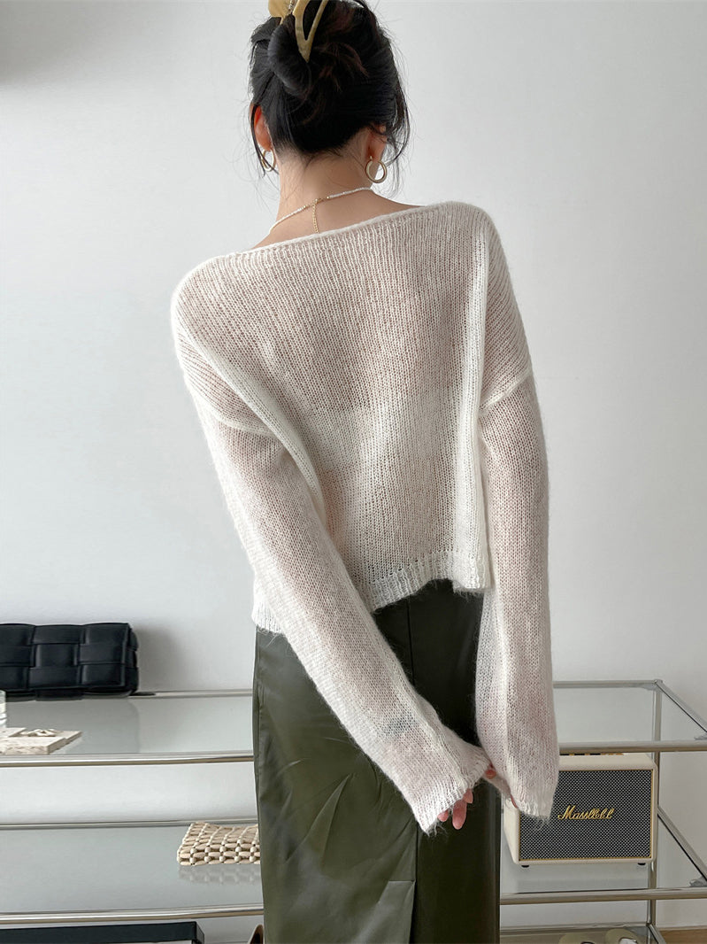 flowersverse Gentle Mohair Knitted Loose Long Sleeves Solid Color Thin Sweater Tops