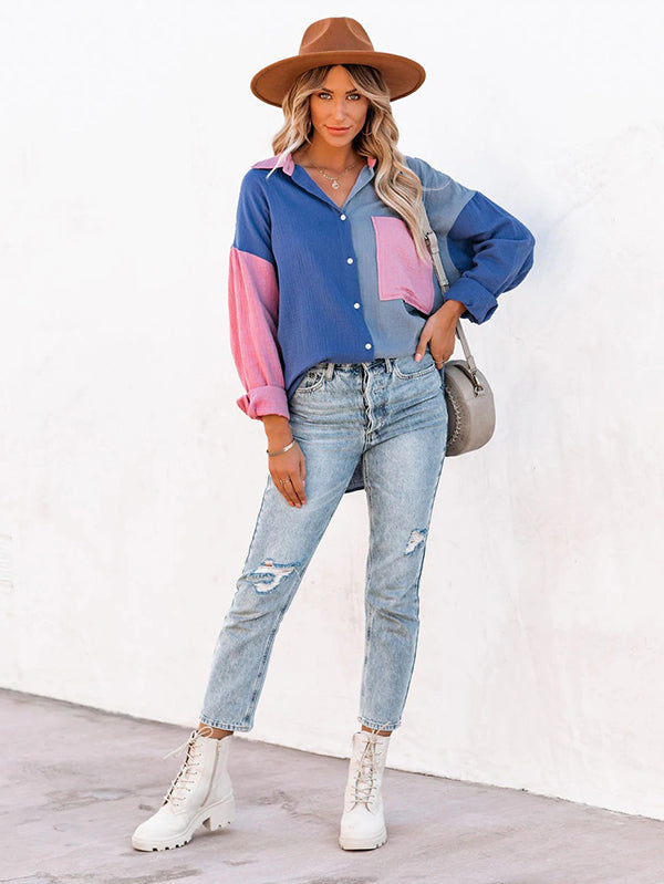 flowersverse Casual Long Sleeves Contrast Color Split-Joint Lapel Blouses
