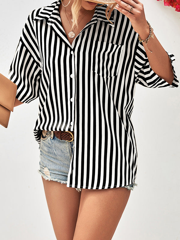 flowersverse Buttoned Striped Half Sleeves Loose Notched Collar Blouses&Shirts Tops