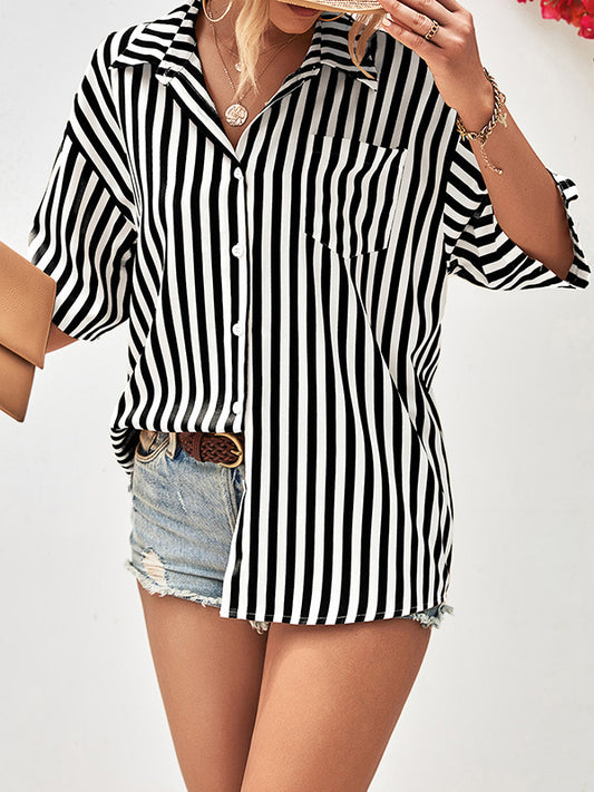 flowersverse Buttoned Striped Half Sleeves Loose Notched Collar Blouses&Shirts Tops