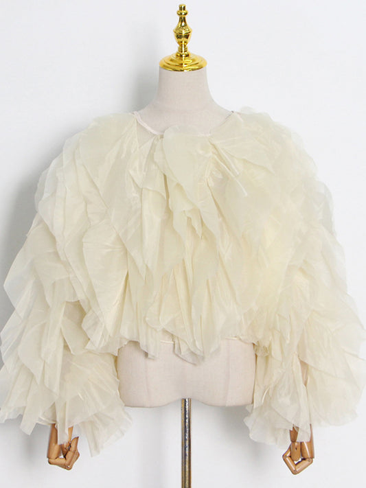 flowersverse Lace-Up Solid Color Tiered Long Sleeves Loose Round-Neck Blouses&Shirts Tops