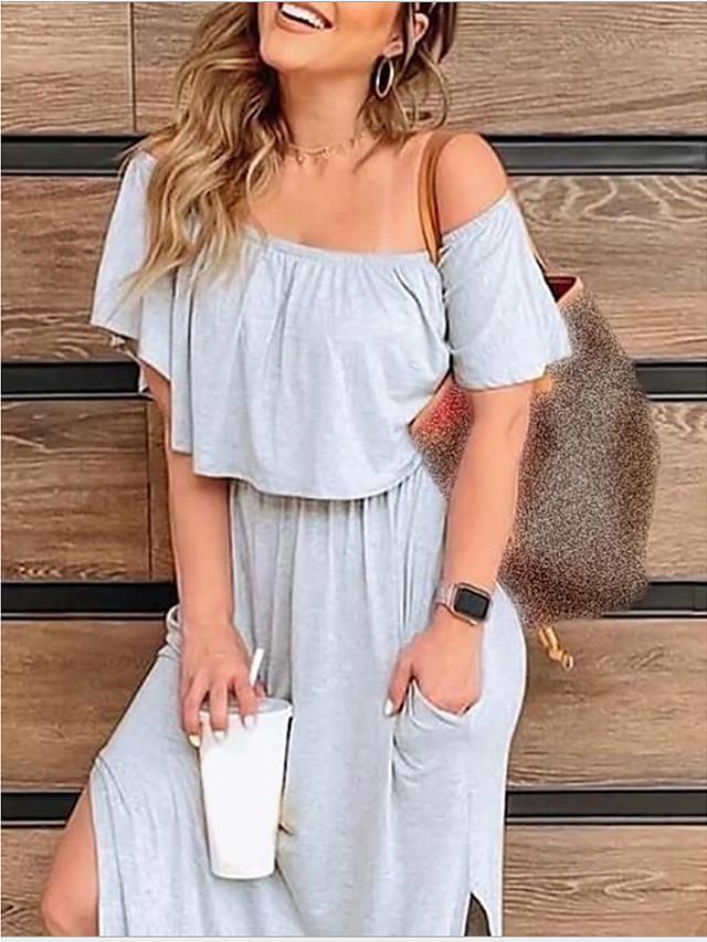 flowersverse Women's A-Line Dress Maxi Long Dress Short Sleeve Print Summer Hot Casual Chinoiserie Black Light Gray Navy Blue Gray Black Dresses