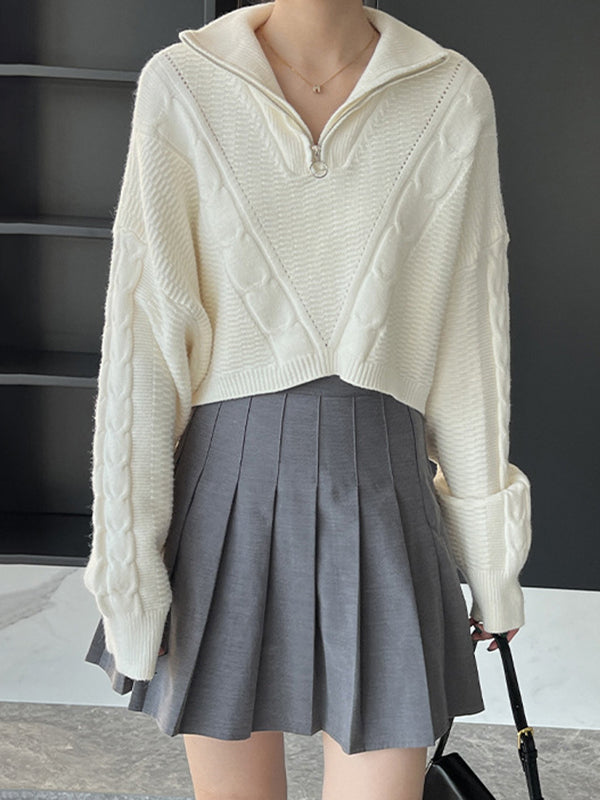 flowersverse Simple Batwing Sleeves Long Sleeves Jacquard Solid Color Lapel Collar Sweater Tops