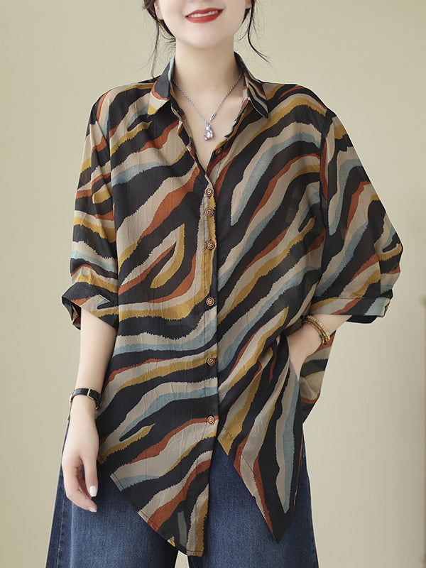 flowersverse Buttoned Tied Zebra-Stripe Long Sleeves Loose Lapel Blouses&Shirts Tops