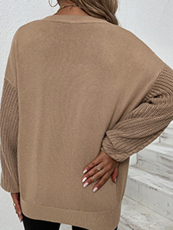 flowersverse Knitted Twist Long Sleeves Solid Color Round-Neck Sweater Tops