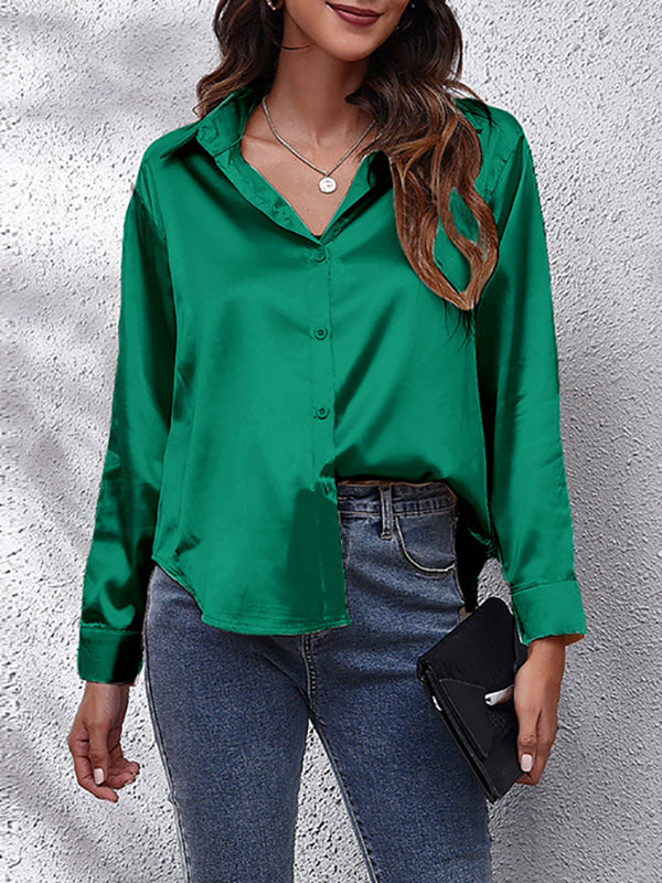 flowersverse Solid Color Long Sleeves Loose Lapel Blouses&Shirts Tops