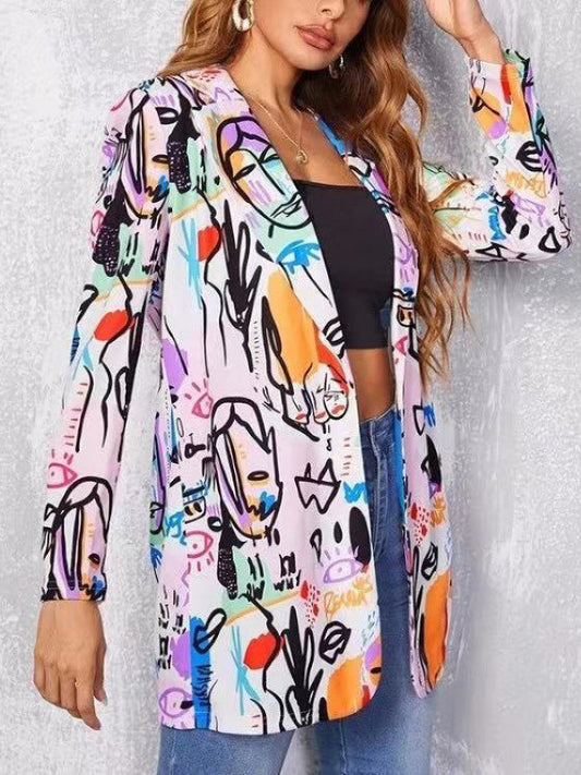 flowersverse Figure Printed Long Sleeves Loose Notched Collar Outerwear