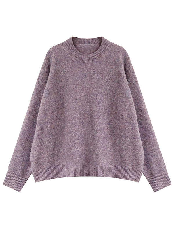 flowersverse Simple Loose Long Sleeves Round-Neck Sweater Tops Pullovers