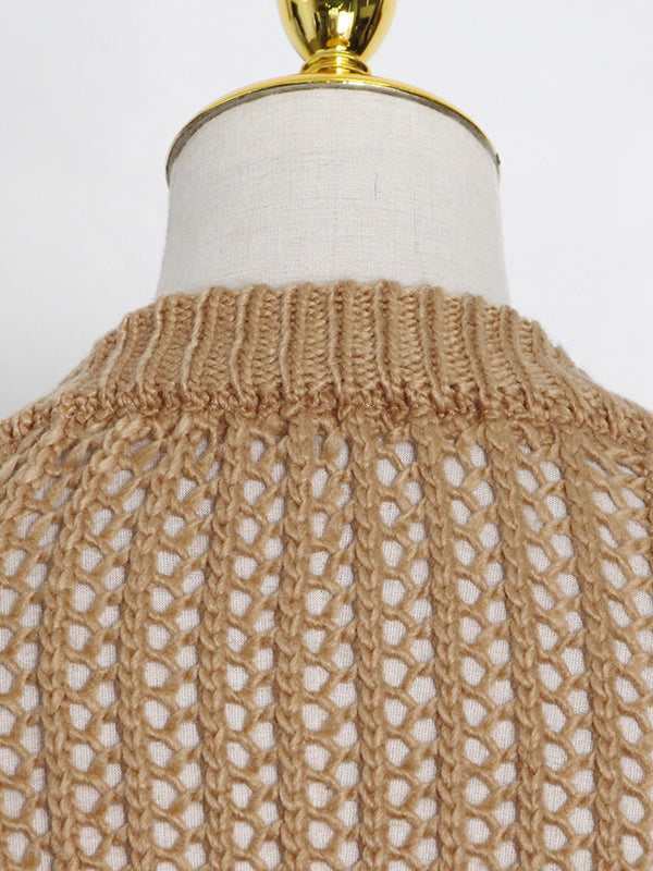 flowersverse Original Long Sleeves Loose Hollow Solid Color V-Neck Sweater Tops