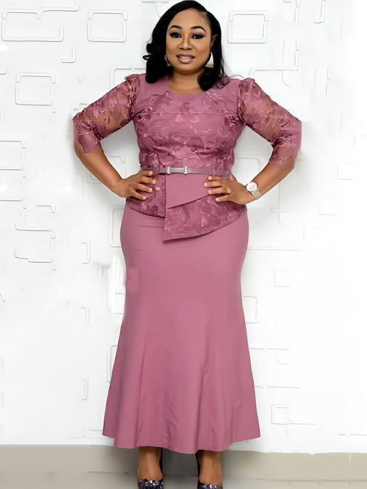 flowersverse Plus Size Asymmetrical Mesh Lace Patchwork Long Dresses