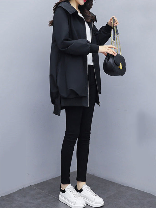 flowersverse Casual Loose 4 Colors Pleated Zipper Hooded Long Sleeves Outwear