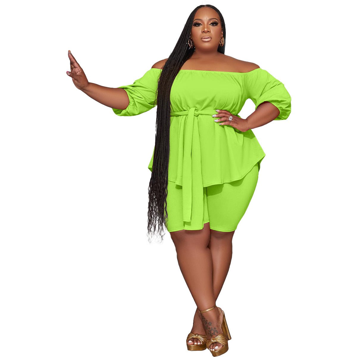 flowersverse Plus Size Women Off Shoulder Solid Top and Shorts Casual Two-Piece Set