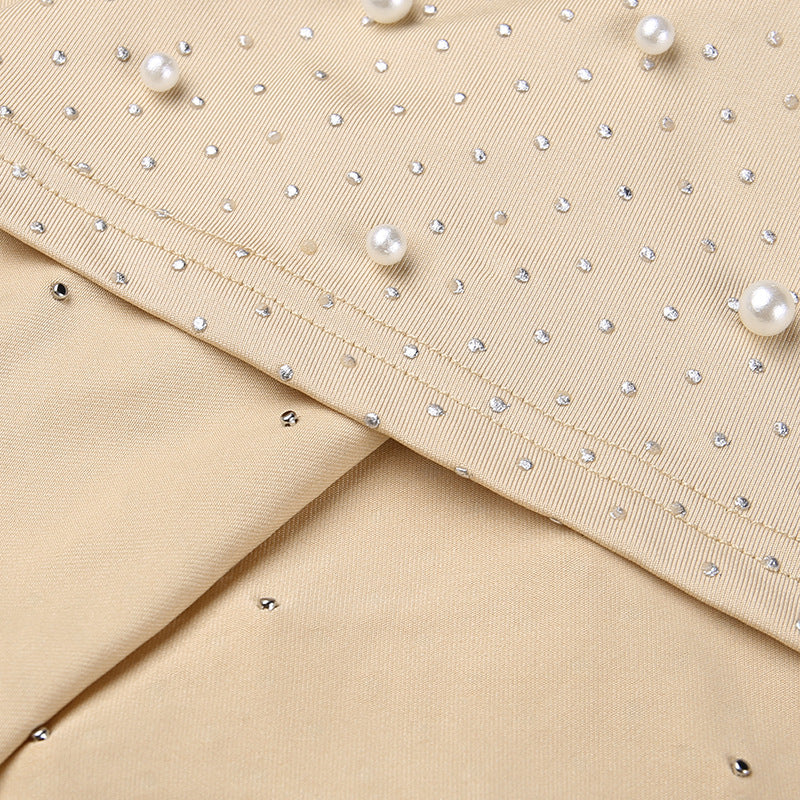 flowersverse Half-High Collar Mesh Beaded Slim Sexy Bodycon Dress