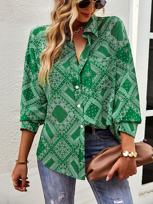 flowersverse Casual Loose Printed Lapel Collar Shirt Top