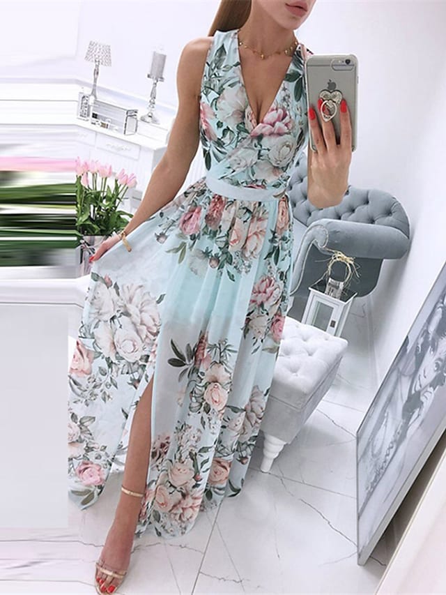 flowersverse Women's Swing Dress Maxi long Dress Blue White Pink Sleeveless Floral Print Split Print Spring Summer V Neck Elegant Vacation S M L XL XXL