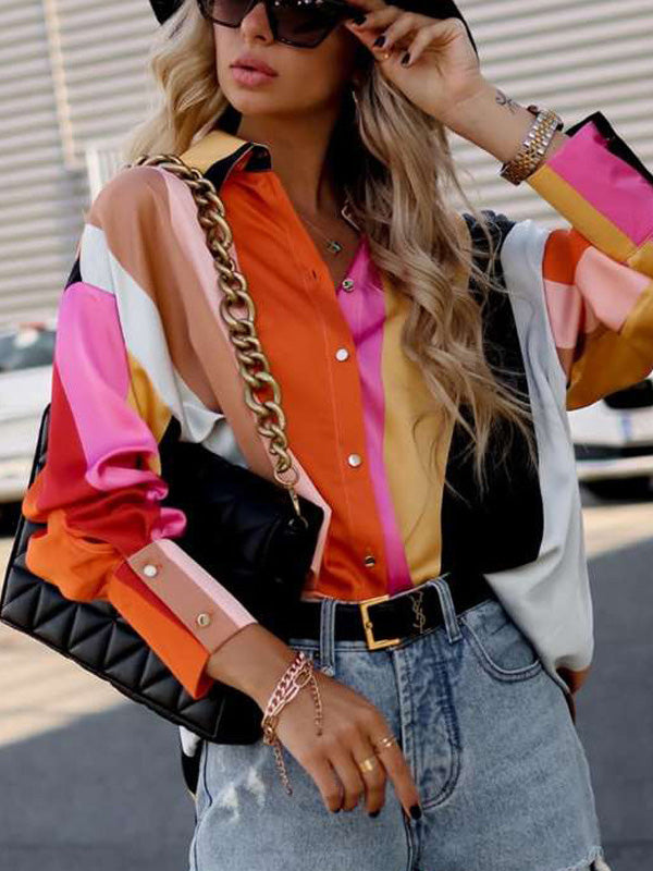flowersverse Stylish Selection Long Sleeves Loose Contrast Color Lapel Collar Blouses&Shirts Tops