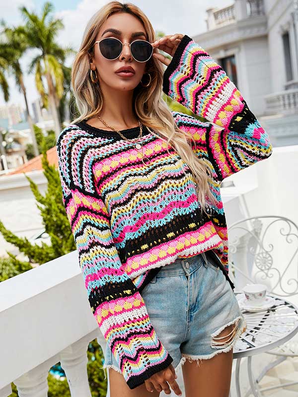 flowersverse 4 Colors Loose Contrast Color Round-Neck Sweater Top