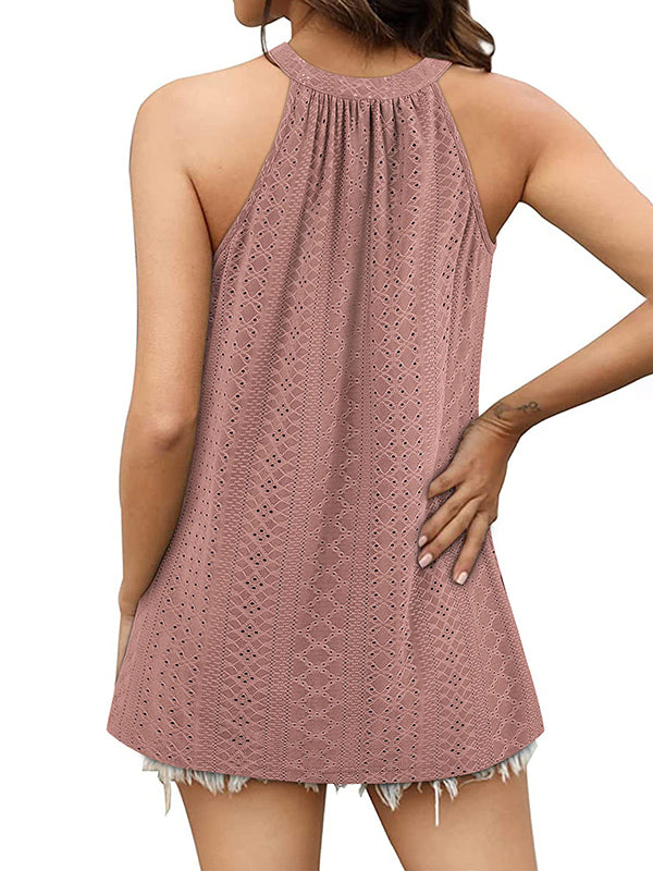 flowersverse Hollow Solid Color Loose Sleeveless Round-Neck Vest Top