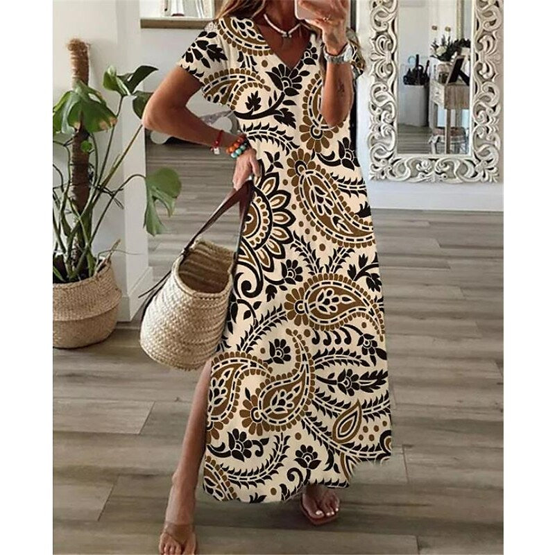 flowersverse Women's Casual Dress Ethnic Dress Shift Dress Long Dress Maxi Dress Khaki Short Sleeve Floral Split Spring Summer V Neck Vacation S M L XL XXL 3XL
