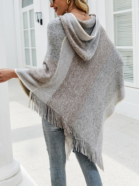 flowersverse Casual Loose Striped Tasseled Hooded Cape