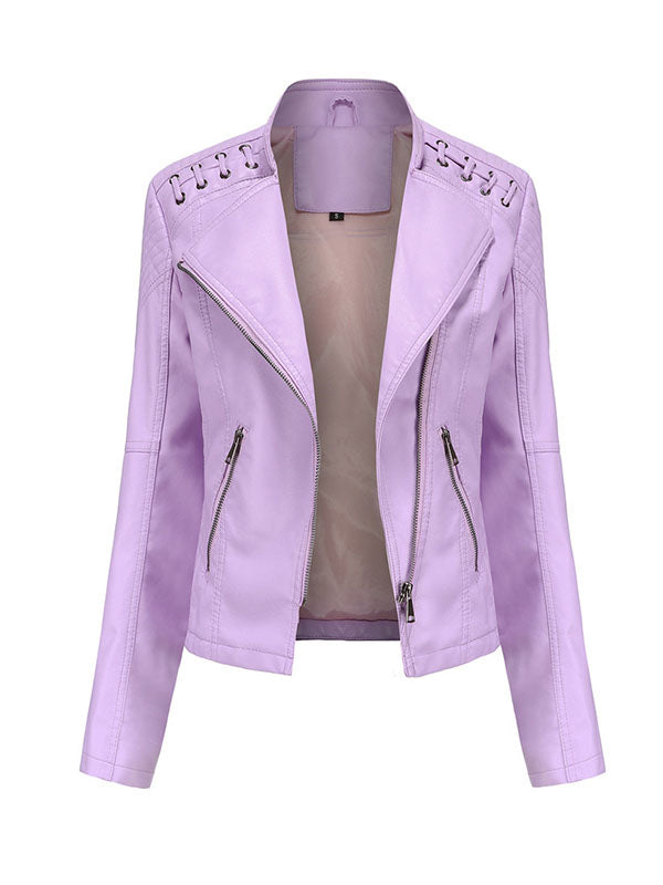 flowersverse Split-Joint Zipper Long Sleeves Mock Neck Outerwear PU Jackets