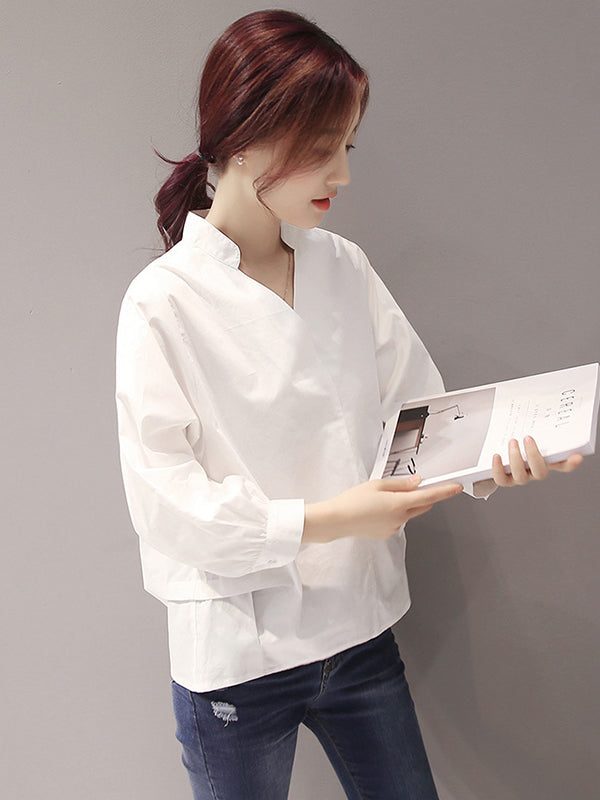 flowersverse Urban Stand Collar Solid Color Blouse Top
