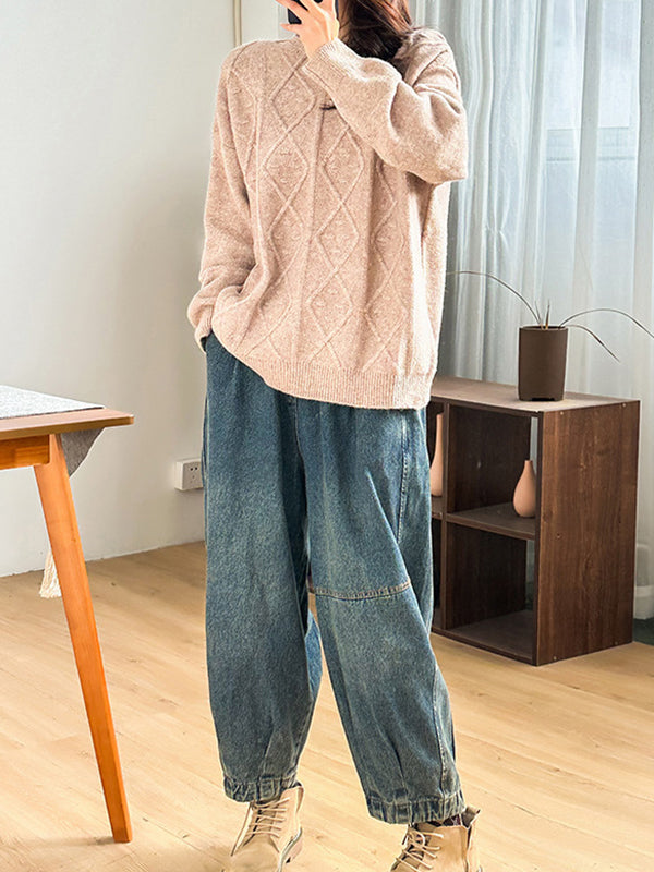 flowersverse Simple Loose Long Sleeves Jacquard Solid Color Round-Neck Sweater Tops