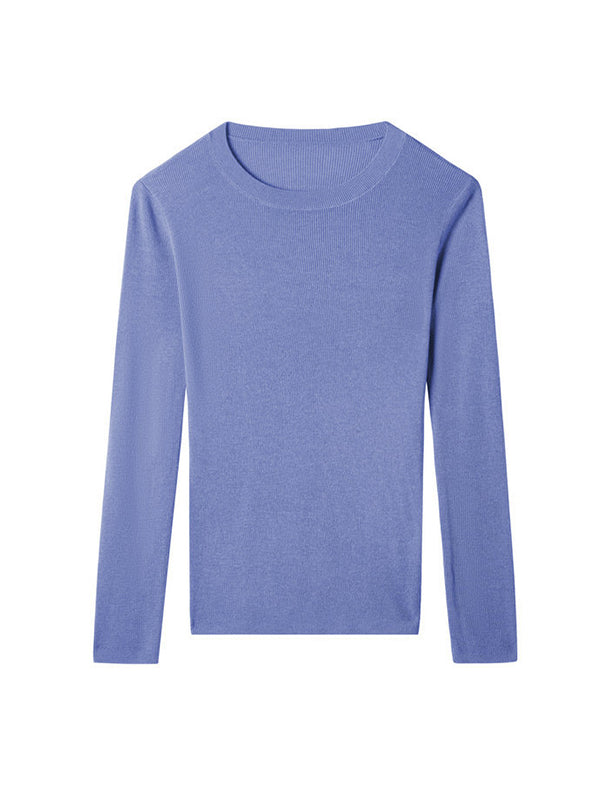 flowersverse Solid Color Long Sleeves Skinny Round-Neck Sweater Tops Pullovers Knitwear