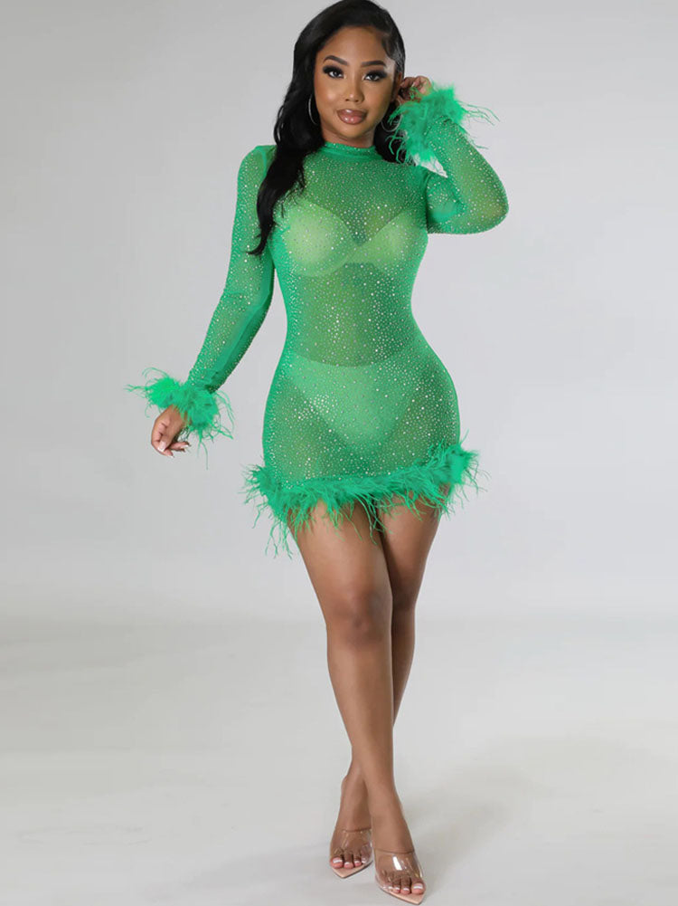 flowersverse Mesh Feather Giltter Bodycon Mini Dresses